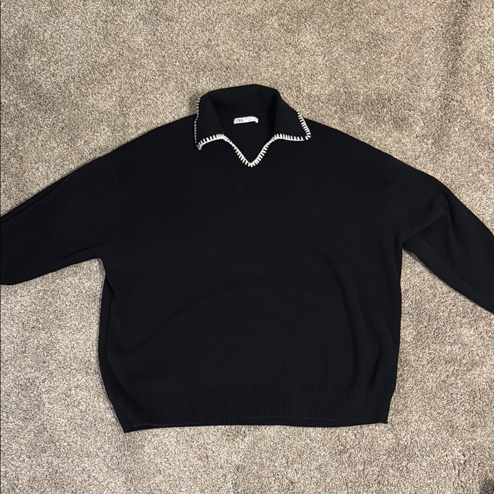 Zara Black Sweater with White Collar Accent